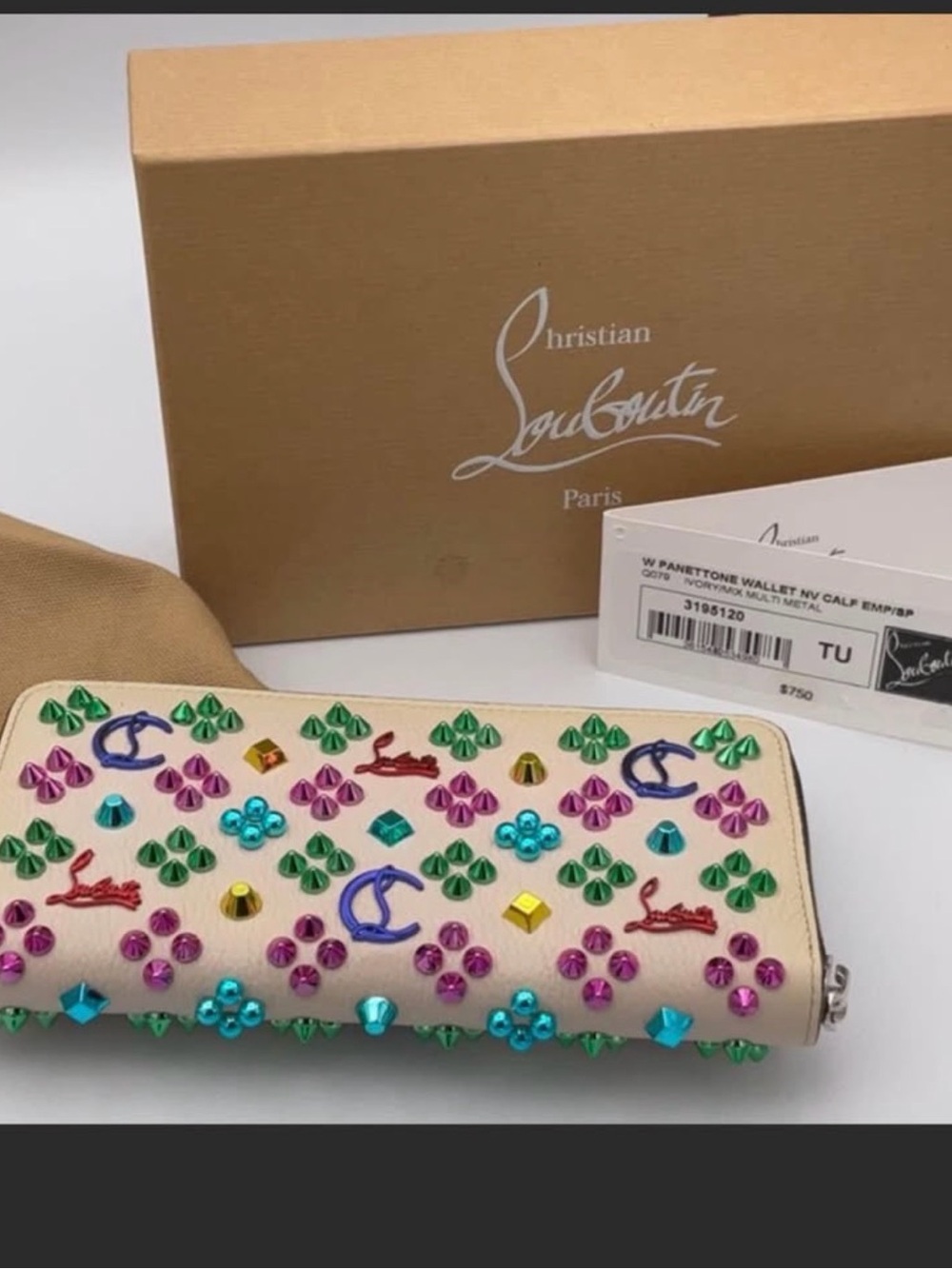 Christian Louboutin 100% authentic Panettone Wallet NV Calf EMP/SP Ivory mix Mul